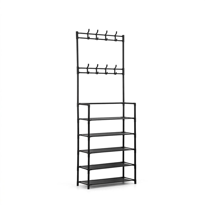 5-Tier Metal Coat Stand with Shoe Rack & 8 Hooks – Freestanding Hall Tree, Black