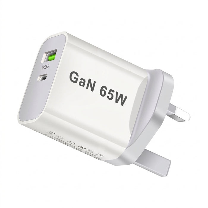 65W GaN USB‑C PD 3.0 2‑Port Wall Charger — USB‑A + USB‑C, White (UK/EU/US/AU plugs)