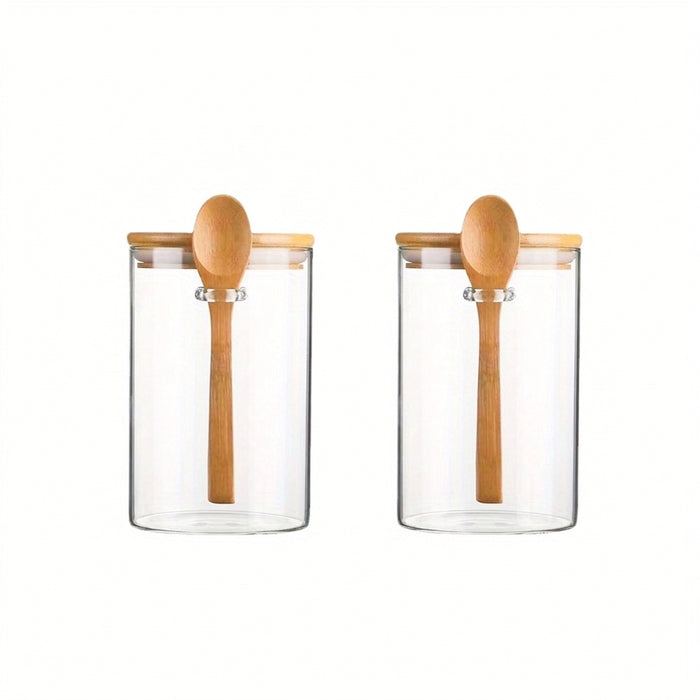 Airtight Glass Jars with Bamboo Lids & Spoons — 18oz (>501ml) — Pack of 1/2/3/4 — Transparent Food Storage for Spices, Beans & Tea